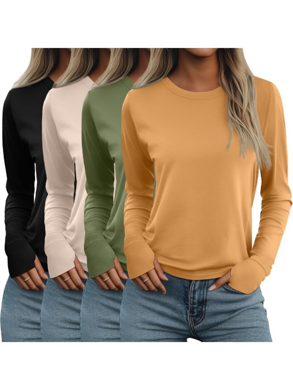 4 Pack Women's Long Sleeve Shirts with Thumb Holes - Comfy & Stylish Tops